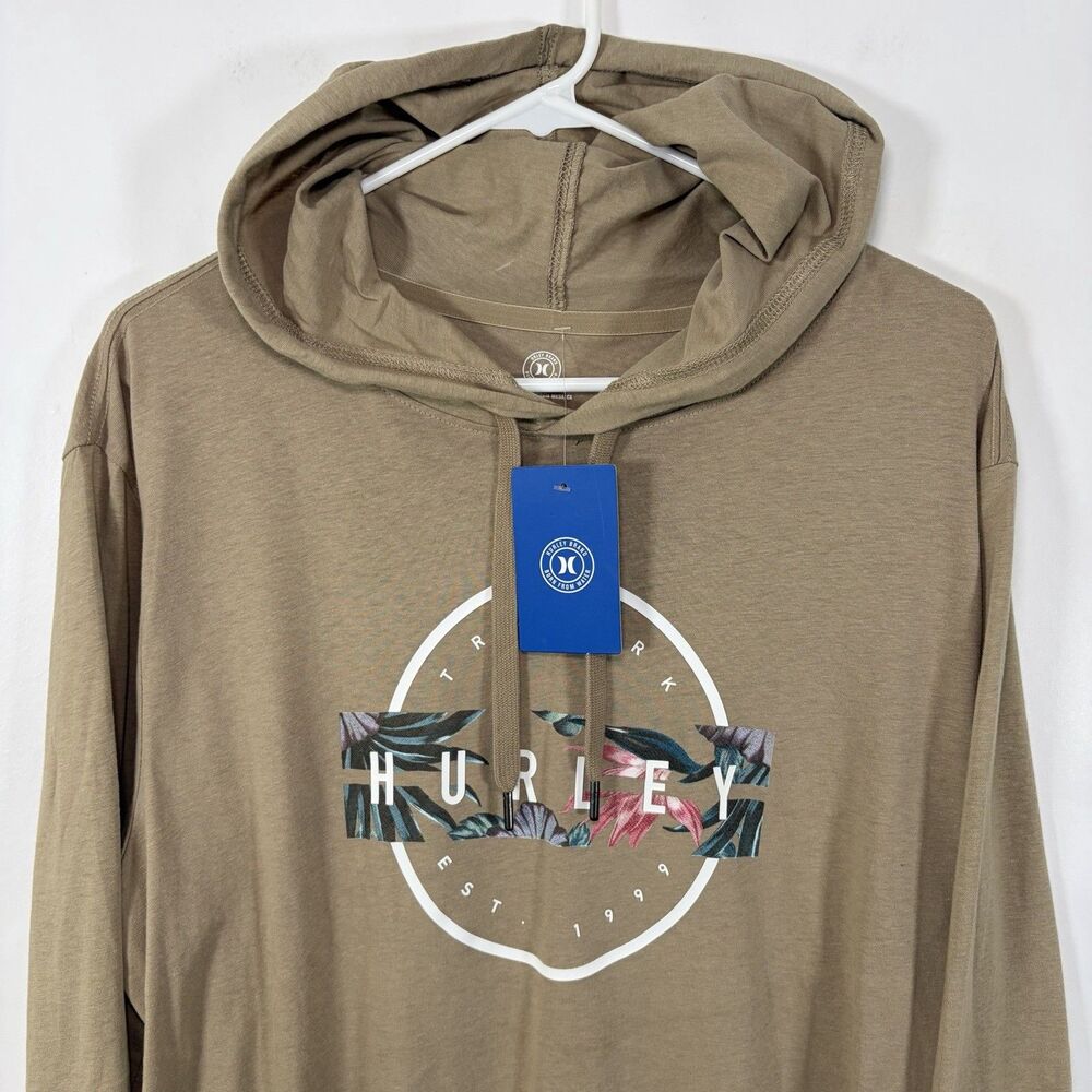 Hurley Lightweight T Shirt Hoodie Mens Size Large Beige Tan Floral Pullover NWT - Picture 2 of 12